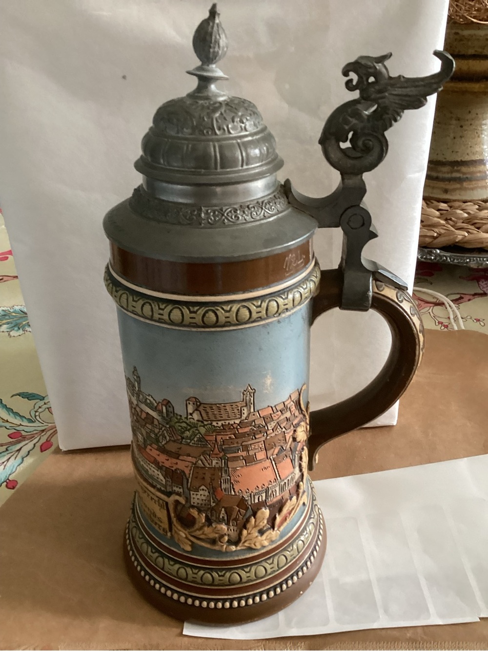 German Pre-WWII Beer Stein with Eagle Embellished Pewter Lid - Picture 2 of 5